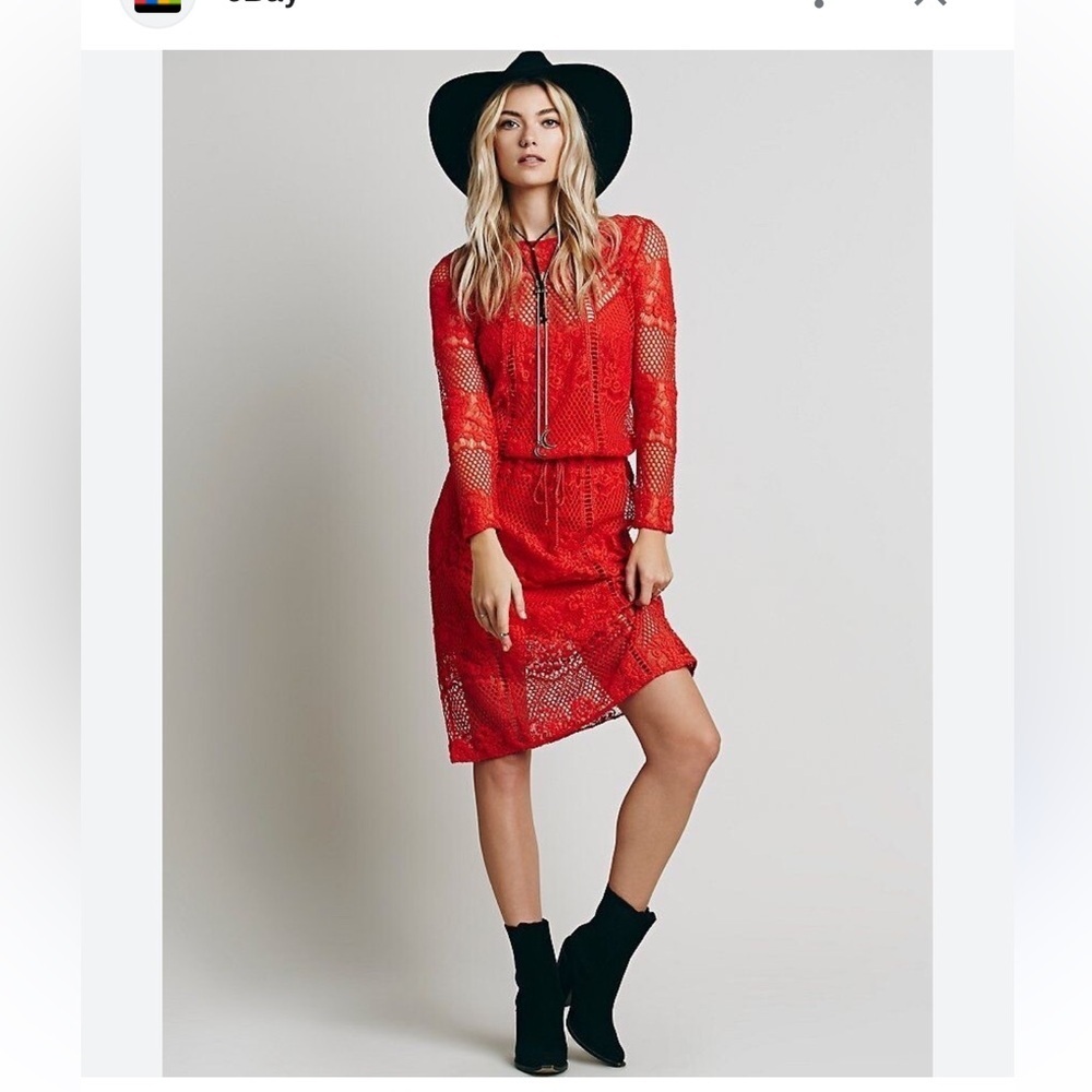 NWT Free People Luna Red Long-Sleeve Lace Dress Women’s Medium
